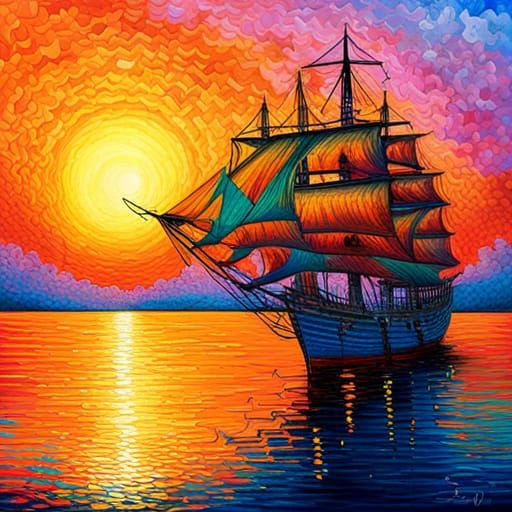 Burning Steamer Sails into Surreal Sunset Seascape