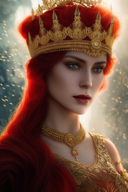 Red-Haired Queen with Golden Crown in Digital Oil Painting