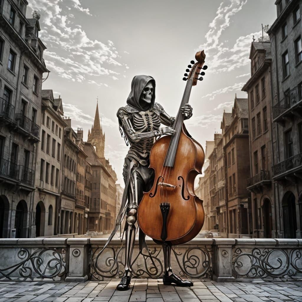 Grim Reaper Plays Double Bass in Cityscape