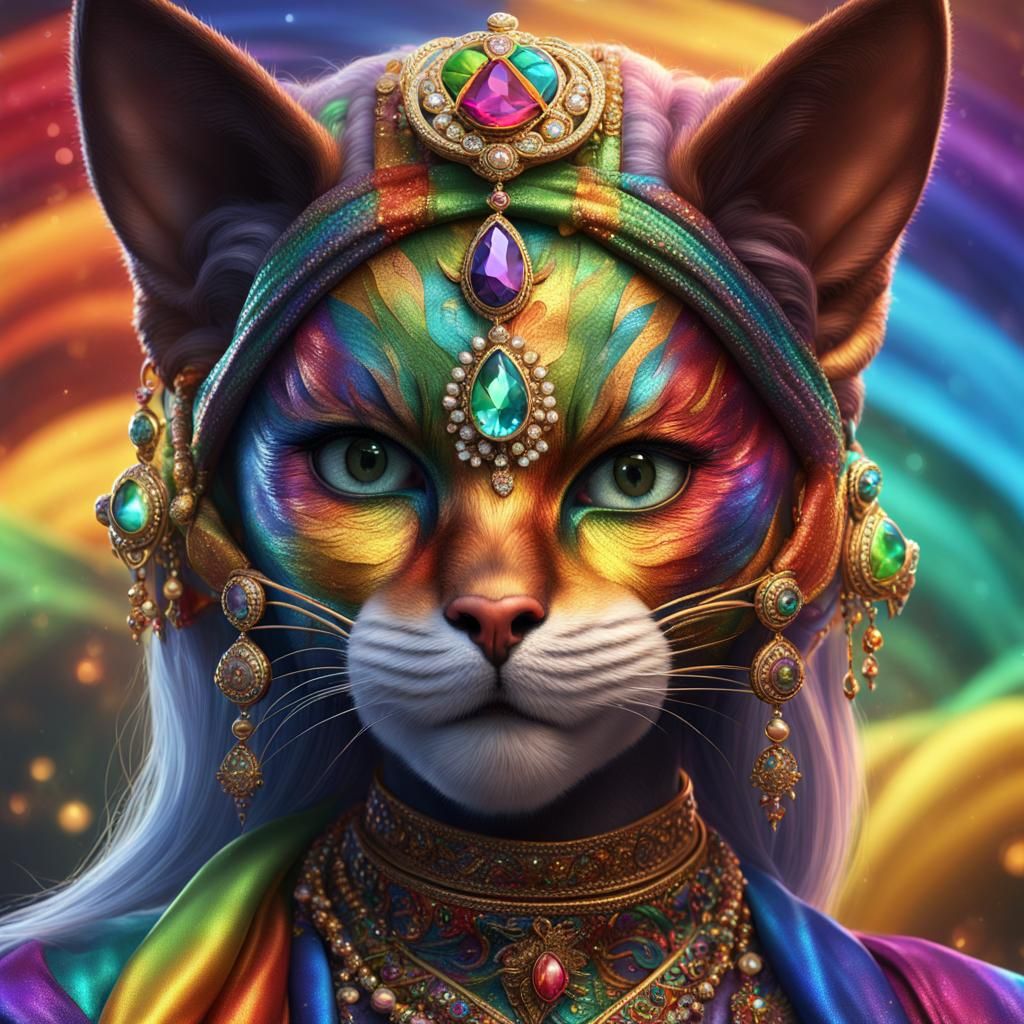 Rainbow Calico Cat Woman in Sari, Digital Art