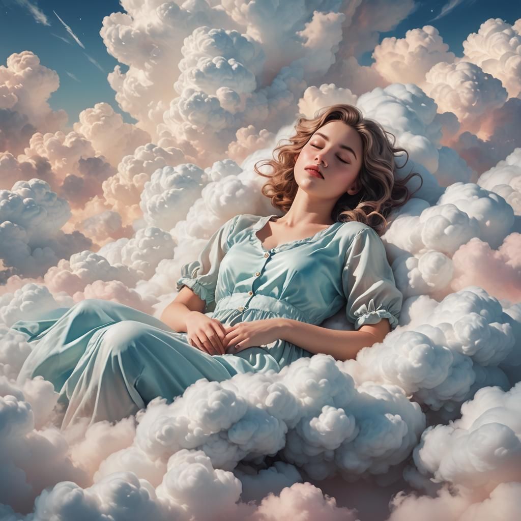 Dreamlike Pin-Up: Woman Sleeping on Clouds in Watercolor Sty...