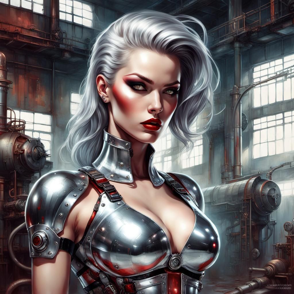 Chrome Cyborg in Abandoned Factory: 80s Comic Art
