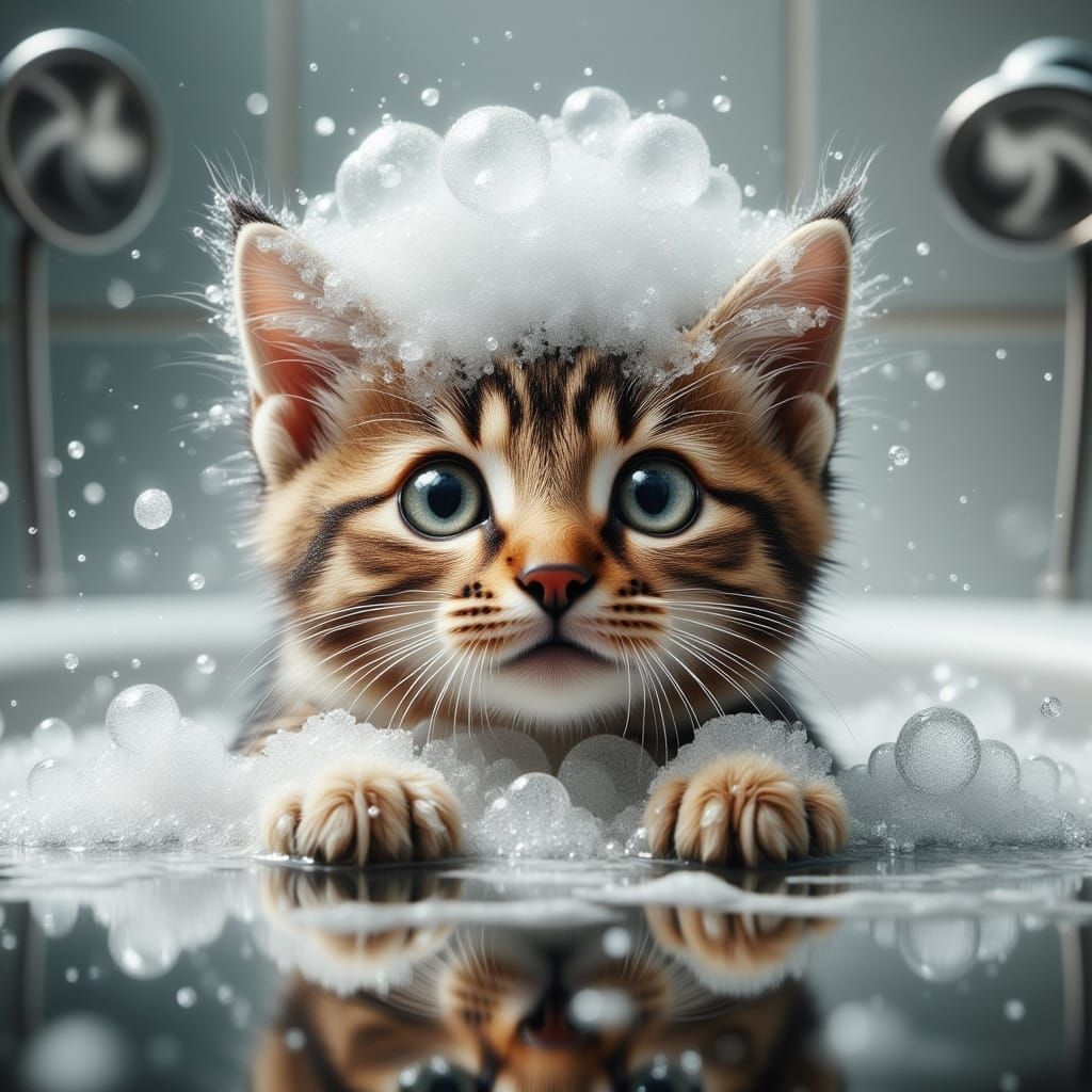 Surprised Cat Pops Head Out of Bubble Bath