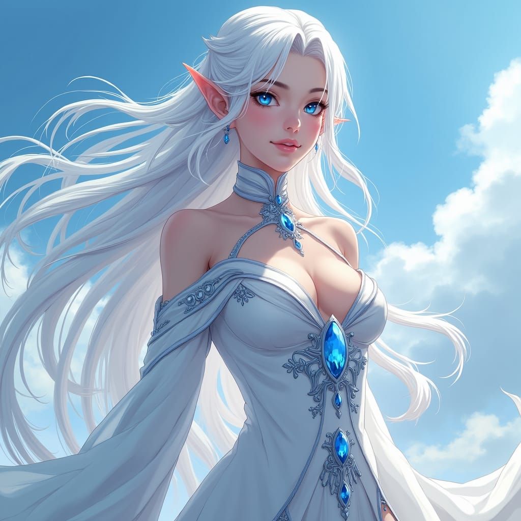 Majestic White Robed Elf Mage in Ethereal Blue Hues