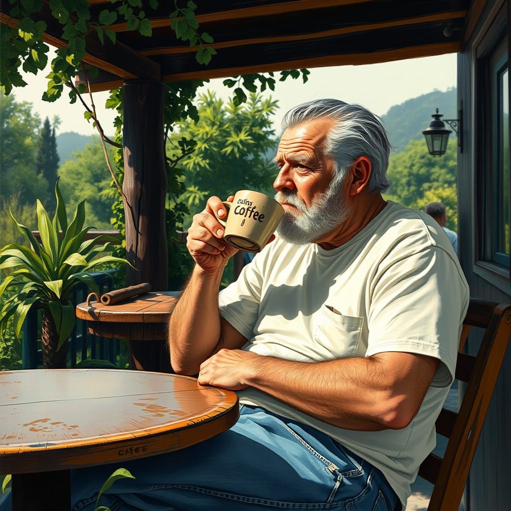 Vintage Author Sits Alone at Morning Cafe