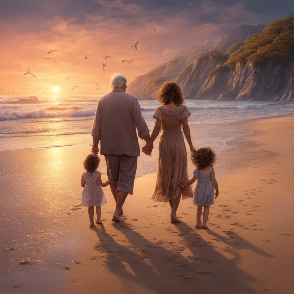 Family Beach Walk in Greece: Fantasy Concept Art