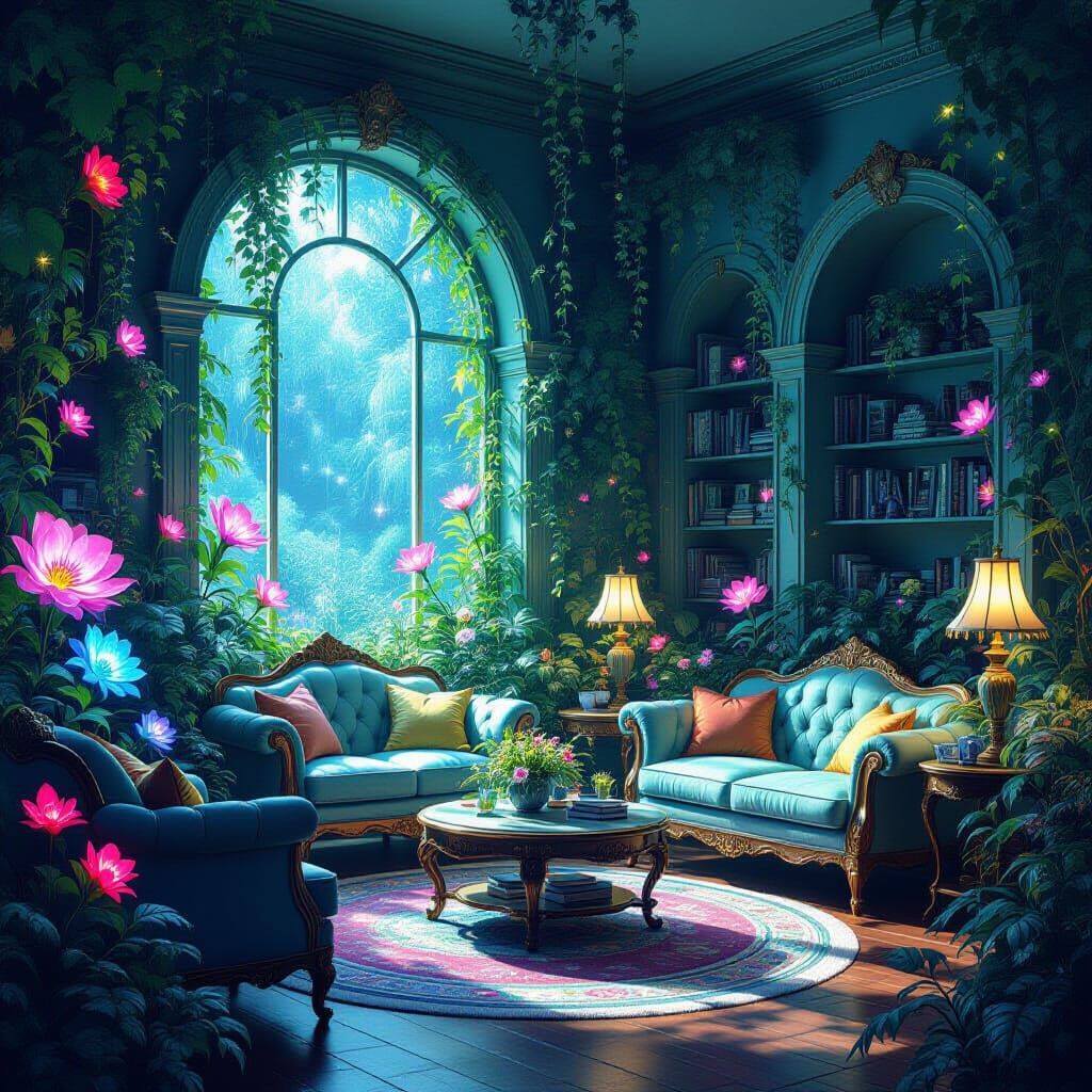 Magical Bioluminescent Plants in a Glowing Living Room