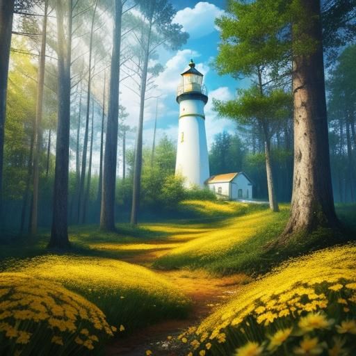 Yellow and White Lighthouse in Sunny Flowered Forest