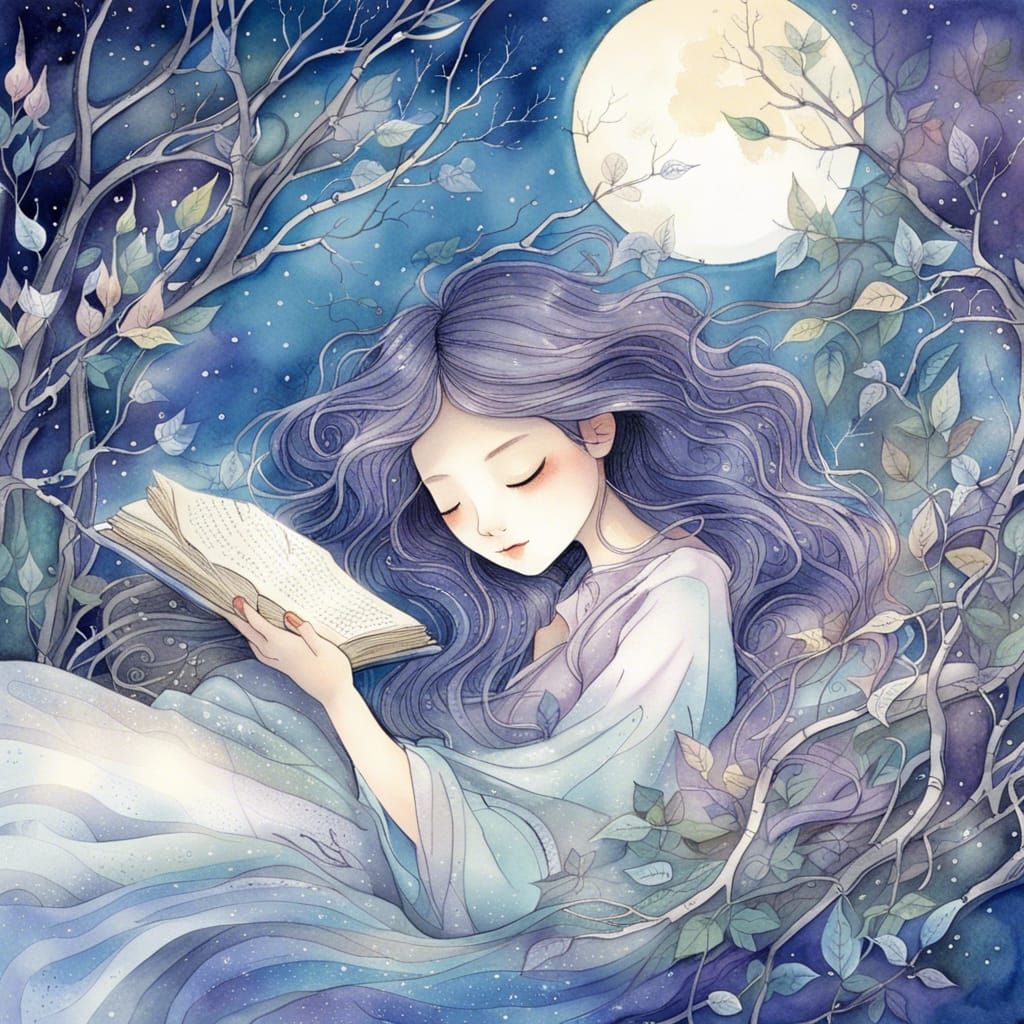 Japanese Girl Sleeping Under Moon in Watercolor Dream