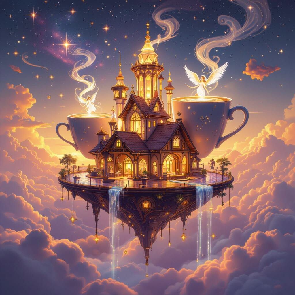 Enchanted Crystal Cafe Above Clouds with Coffee Towers
