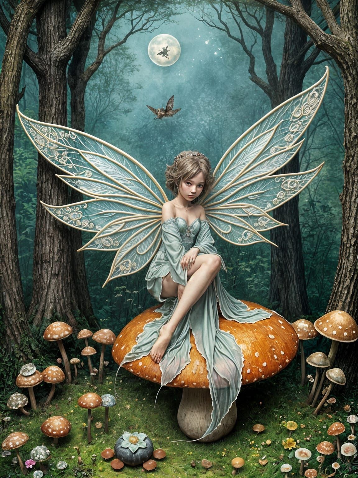 Enchanted Fairy on Mushroom in Kawaii Art Style