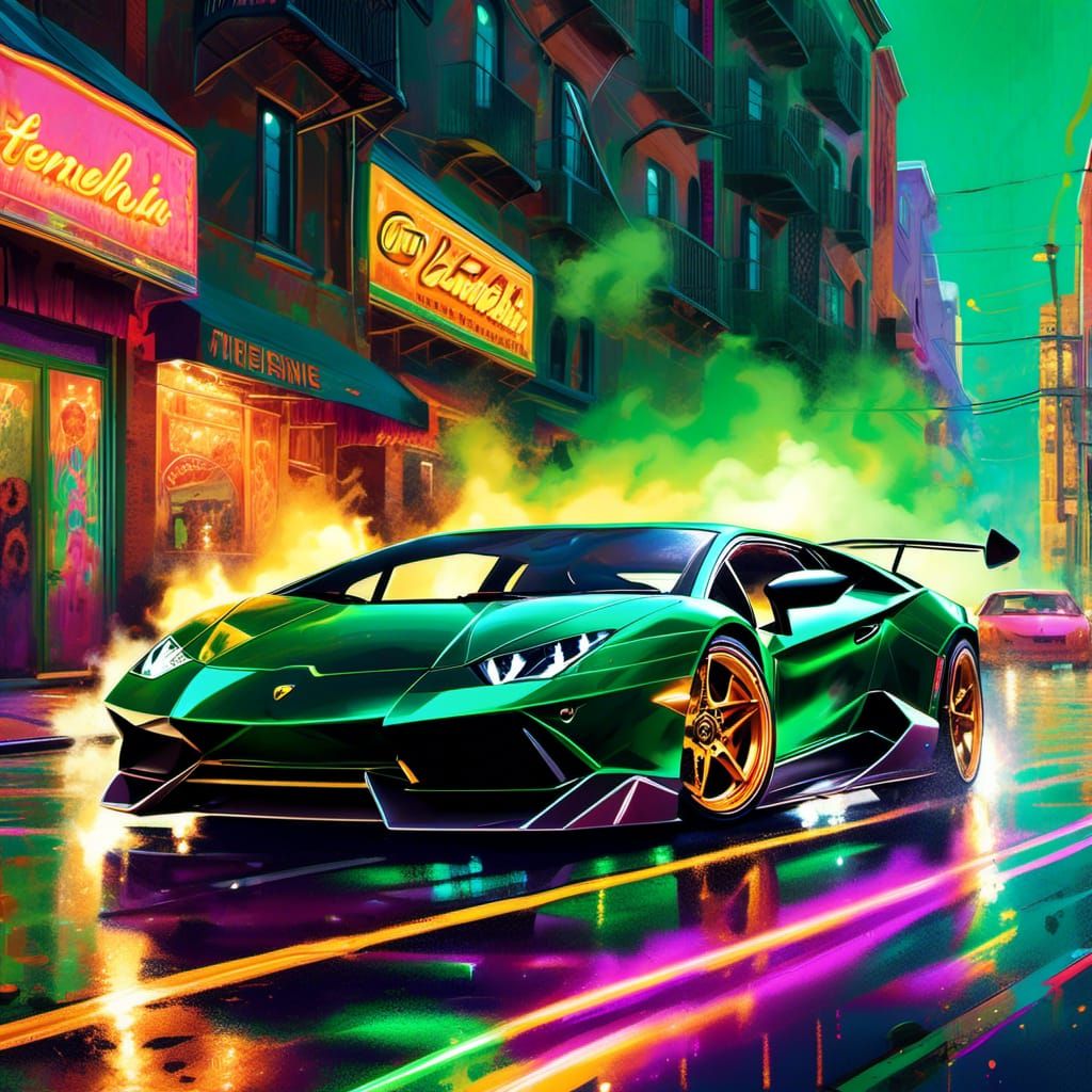 Emerald Lamborghini Drifting Through Neon City Streets