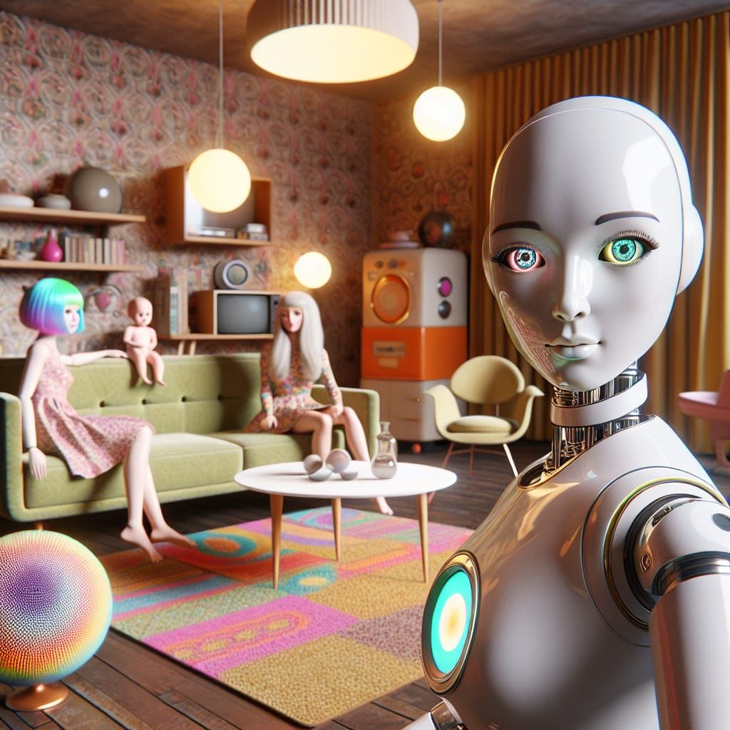 Groovy Android and Dolls in 1960s Lounge