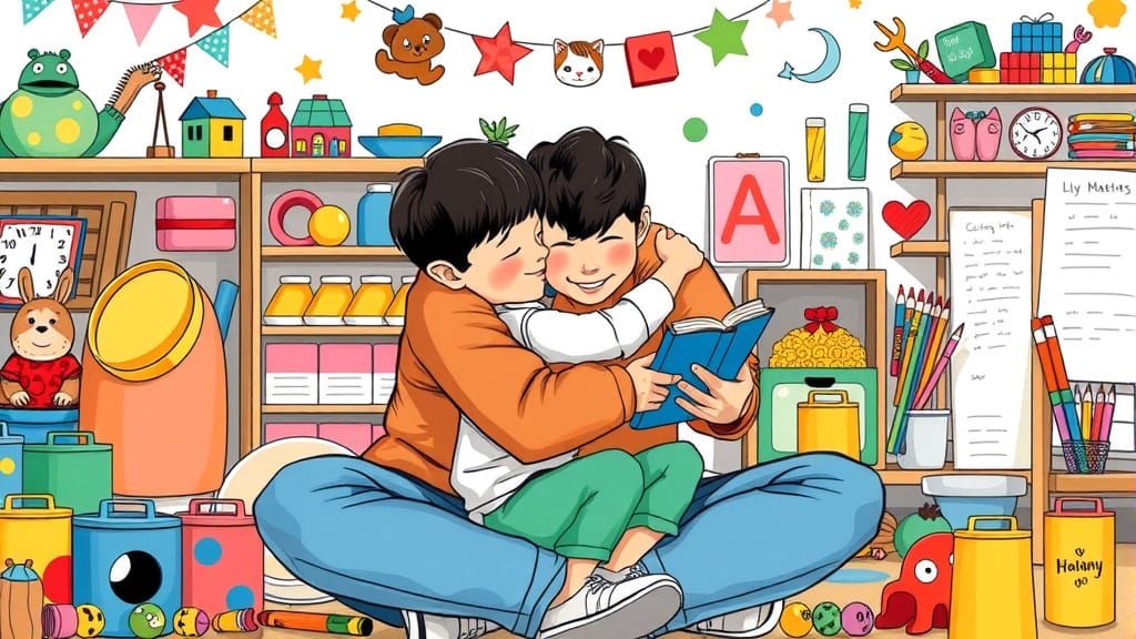 Joyful Parent-Child Embrace in Whimsical Style