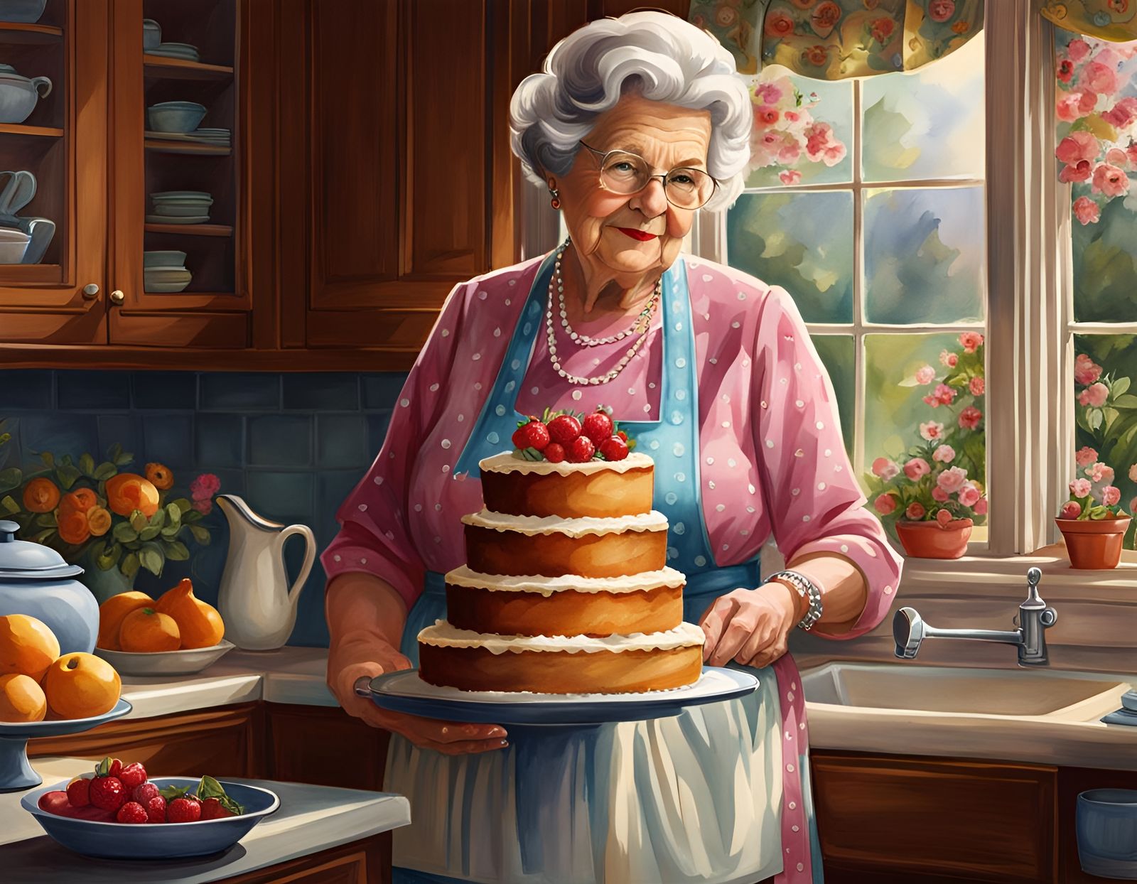 Hyperrealistic Granny Baking Cake in Watercolor Style