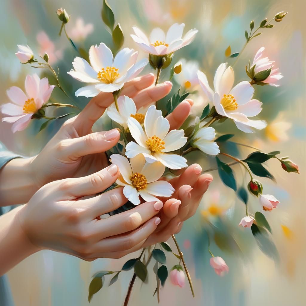 Impressionist Hands Cradling a Blooming Flower