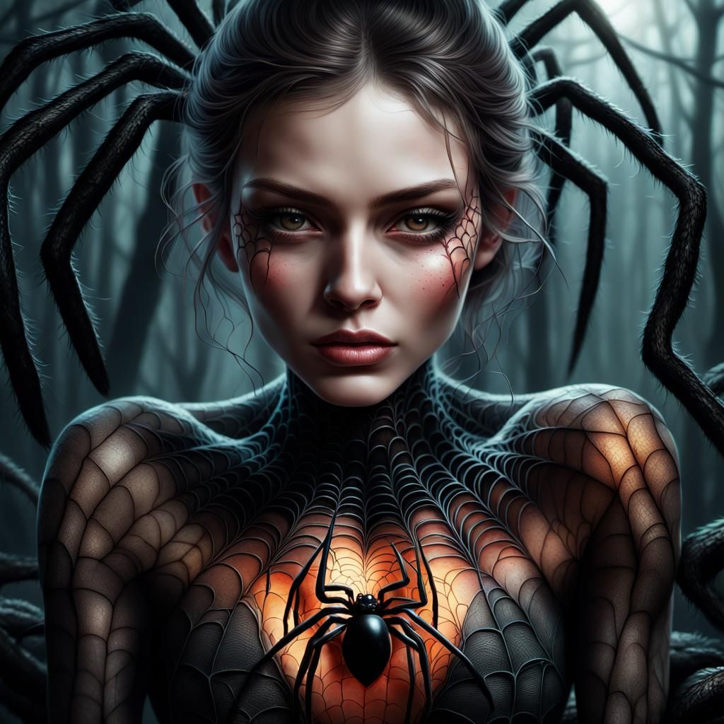 Surreal Spider-Woman Digital Art in Moody Forest