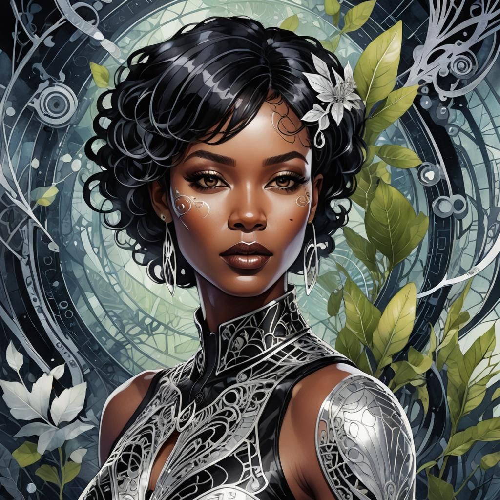 Ebony Woman in Botanical Circuitry: Fantasy Illustration
