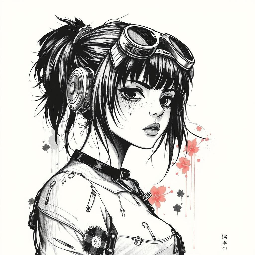 Cyberpunk Girl in Ink and Charcoal Style