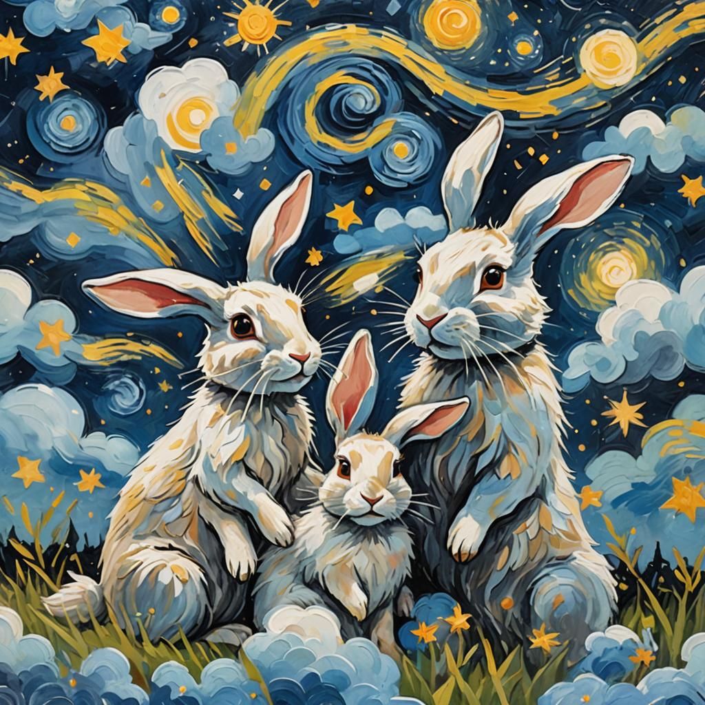 Rabbits Painting in Post-Impressionist Gouache Style