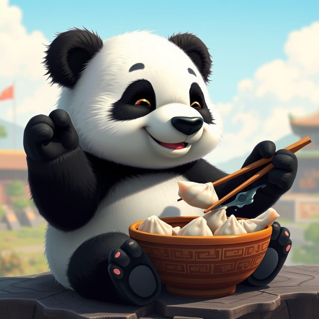 Whimsical Panda Enjoying Dumplings in a Bright Daylight Scen...