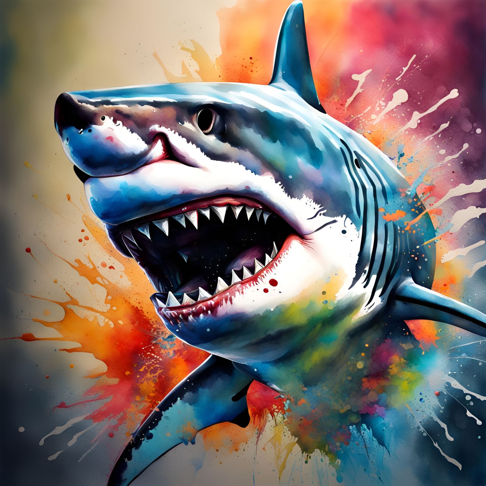 Watercolor Graffiti Art: A Great White Shark