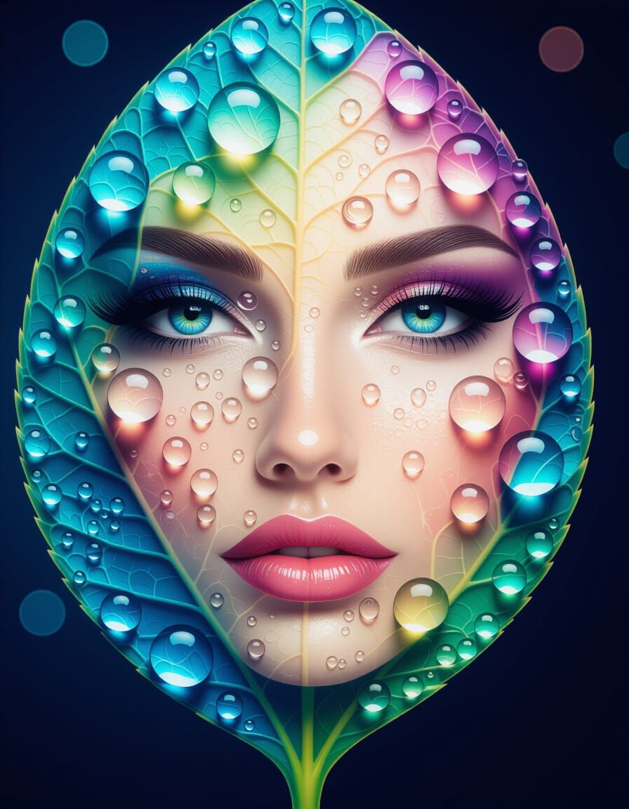 Macro Leaf with Water Droplets and Hidden Face