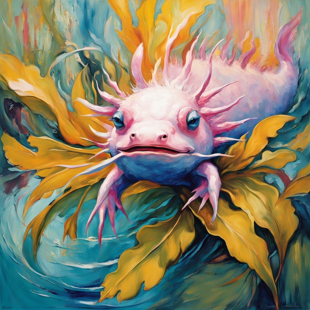 Vibrant Axolotl Portrait in Abstract Expressionist Style