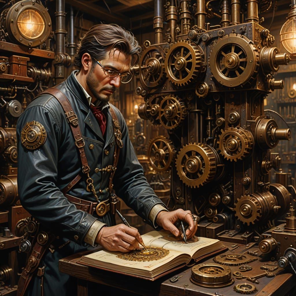 Steampunk Workshop: Gearbox Repair in Oil Painting Style