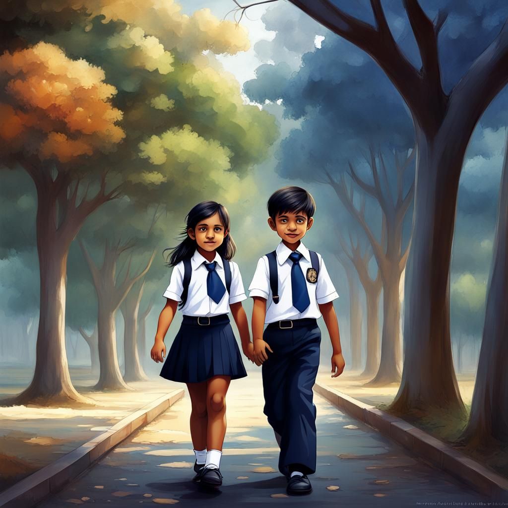 Indian boy, Girl in School Uniform