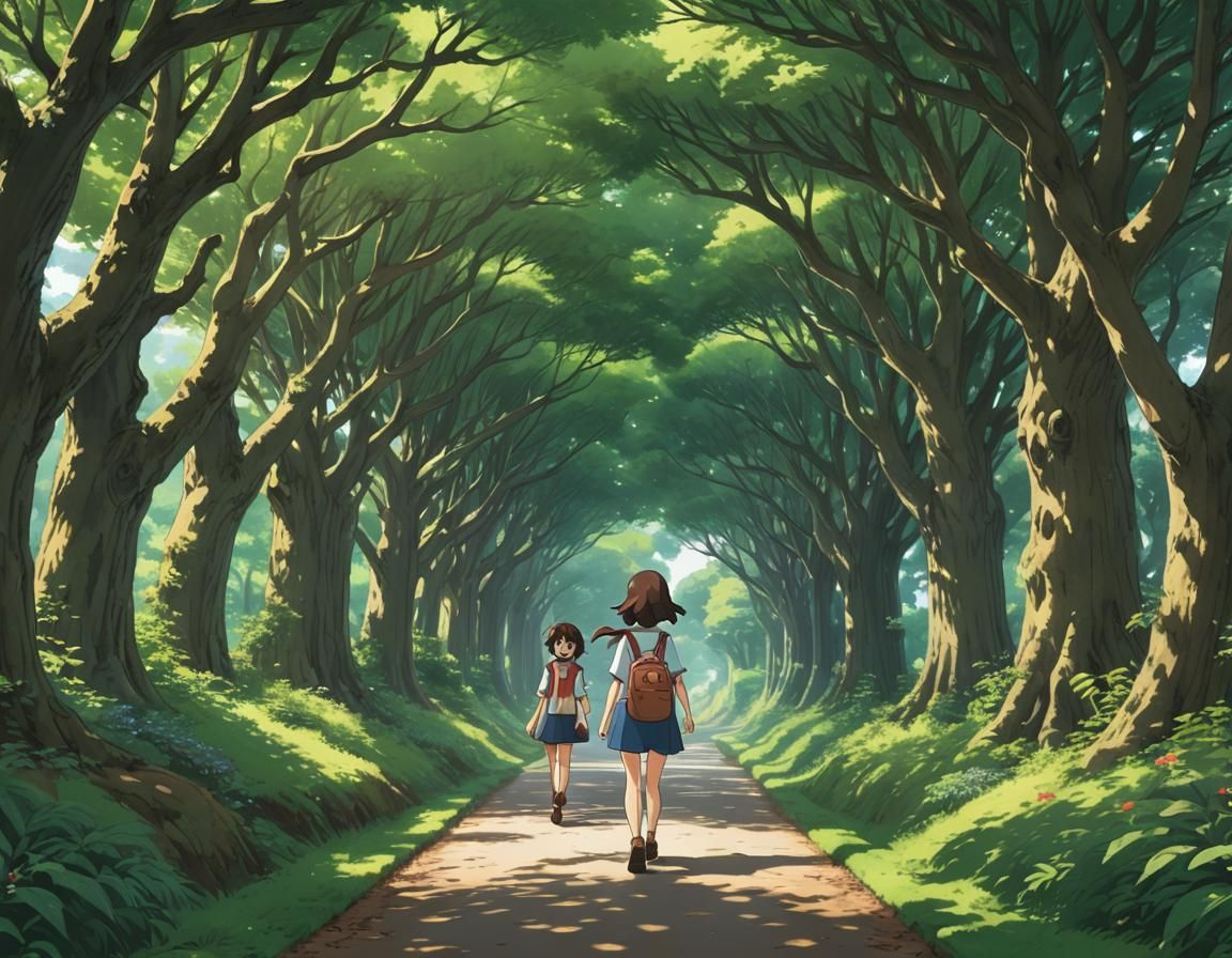 Ghibli Girl Walking in Tree Tunnel, Anime Style