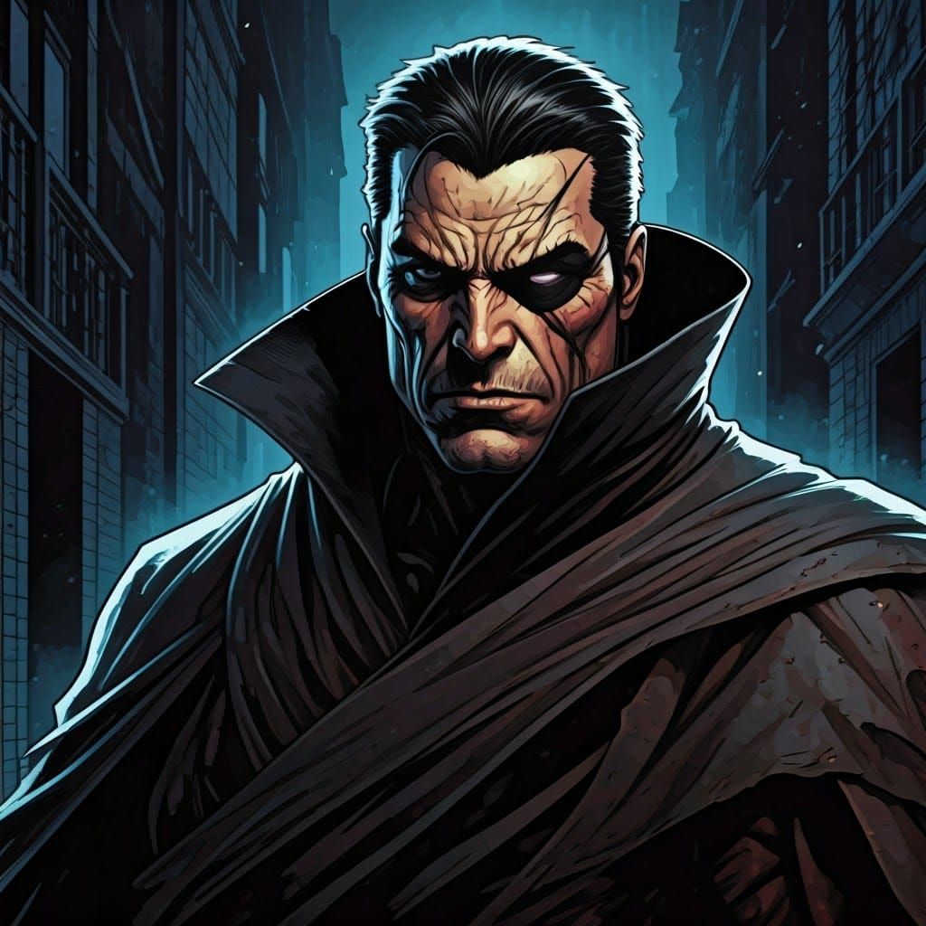 Ominous Scarred Villain in Gritty Alleyway