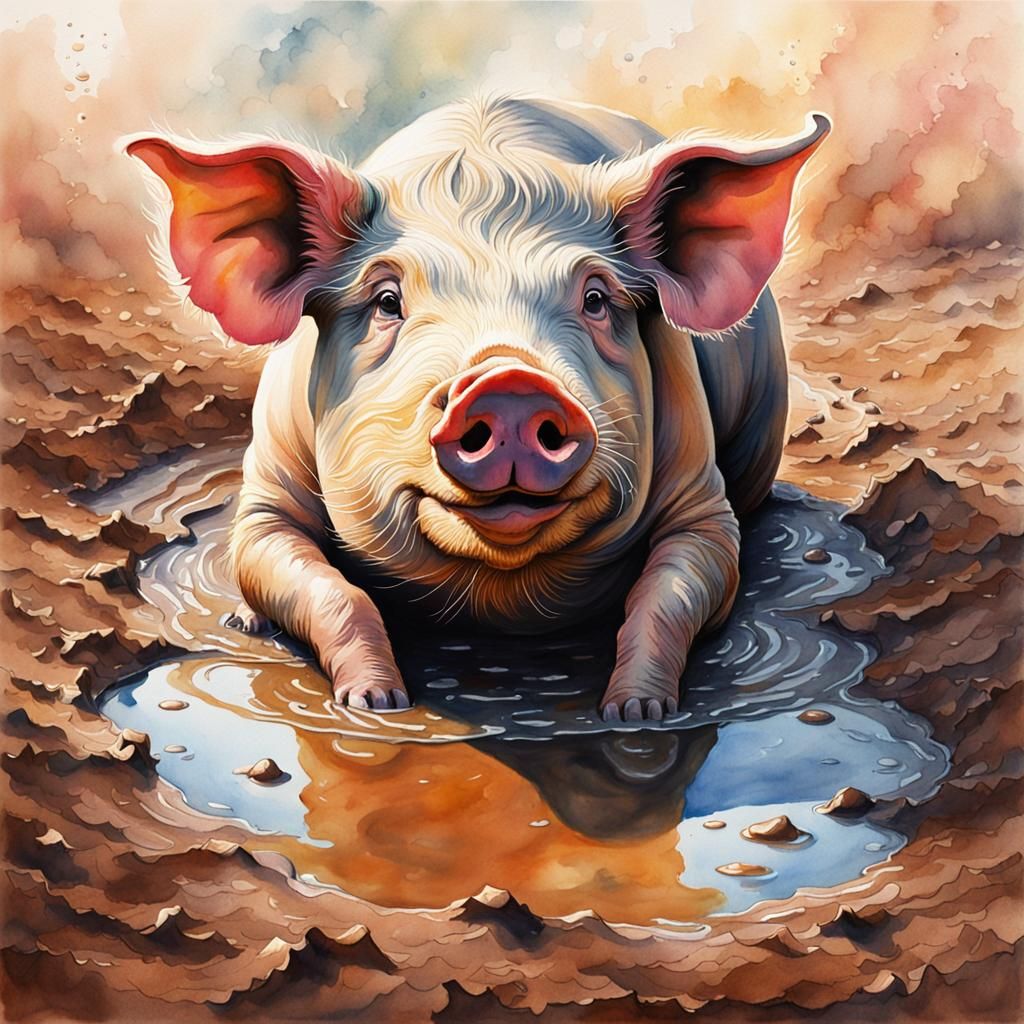 Pig in Mud Puddle Watercolor Painting
