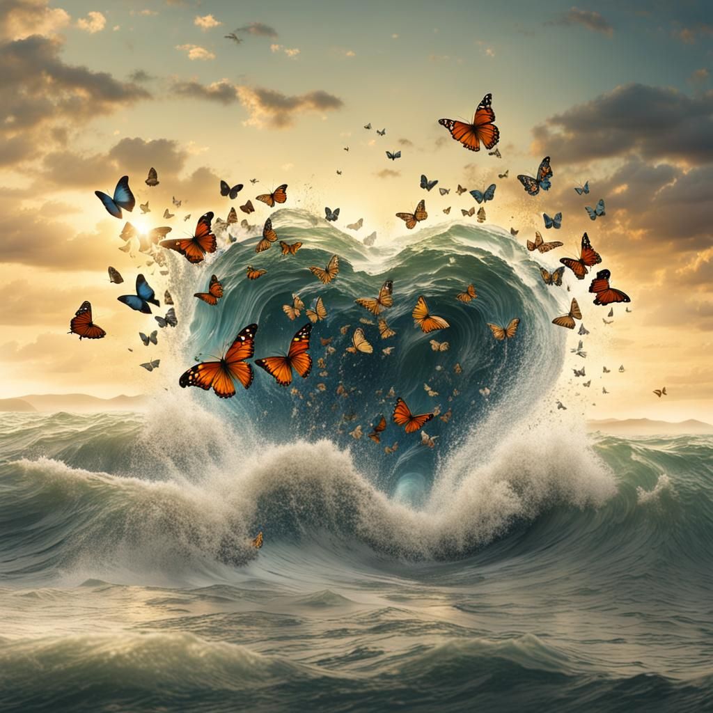 Butterflies Form Heart Above Crashing Ocean Waves