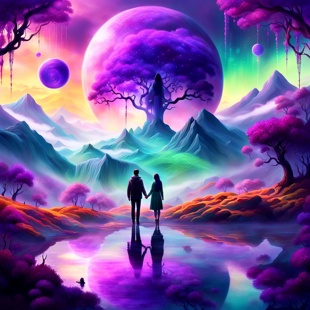 Dreamlike Embrace in Surreal Landscape Art