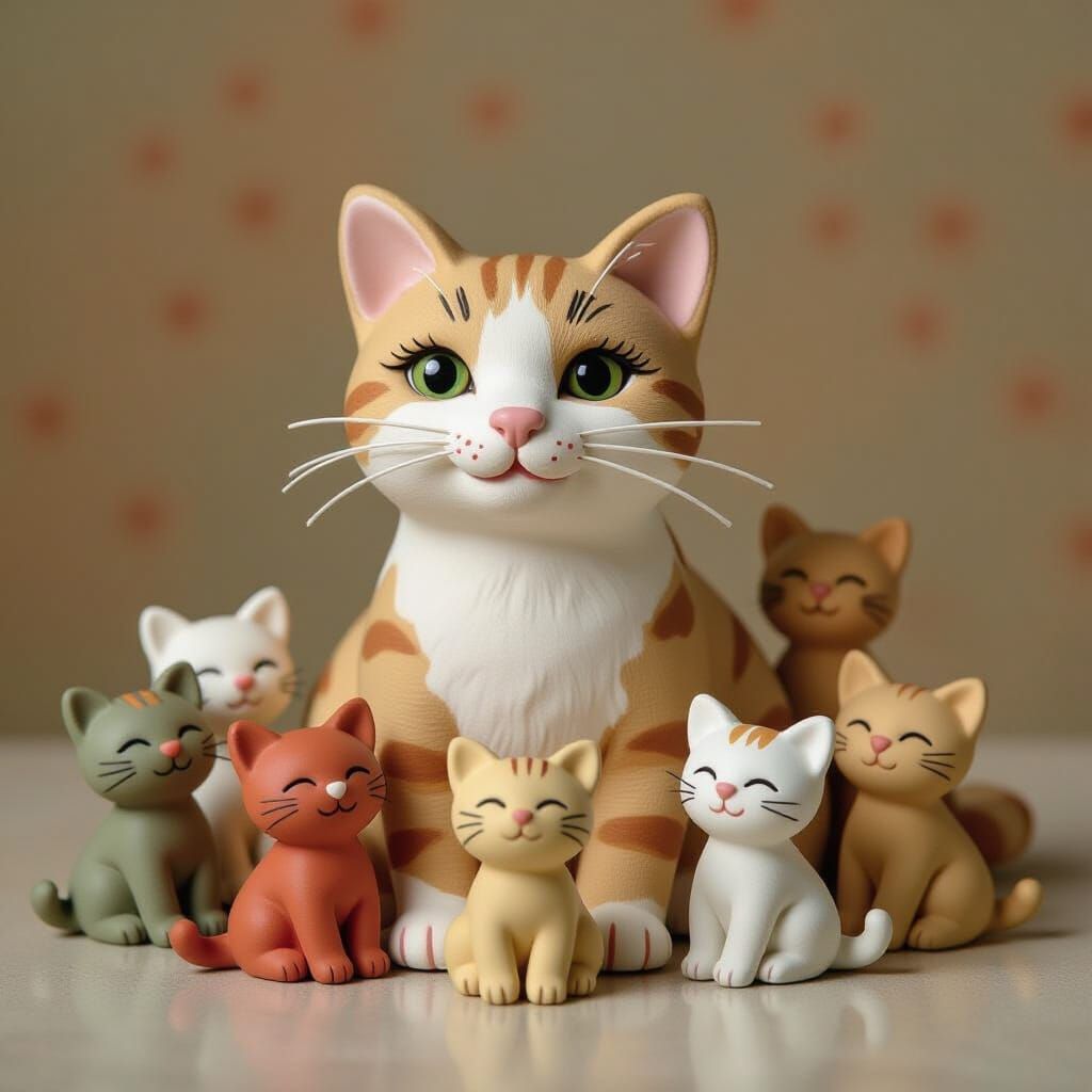 Whimsical Cat Surrounded by Clay Kittens Sculpture