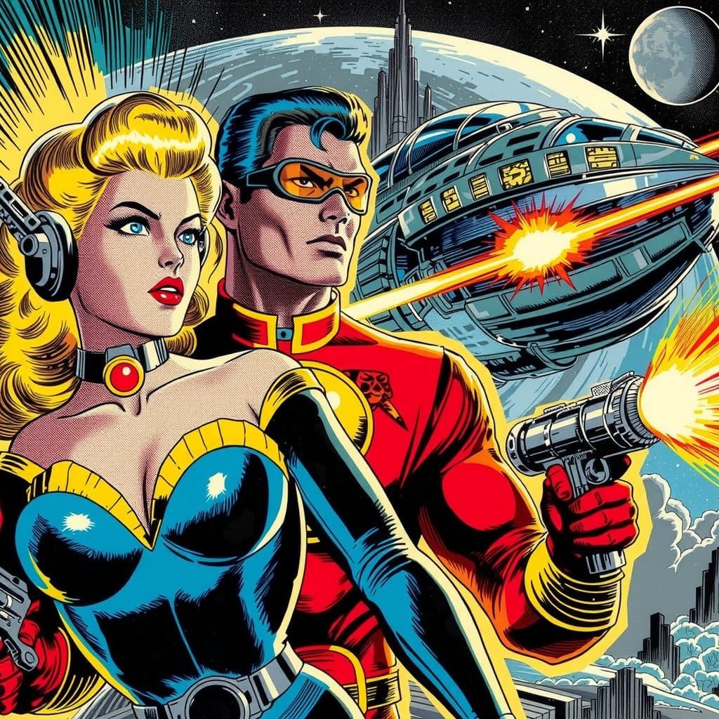Golden Age Superhero Cover Art in Classic Sci-Fi Style