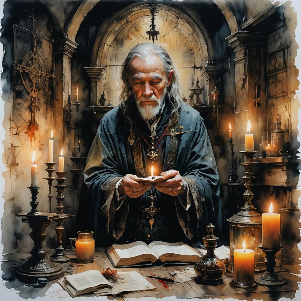 Medieval Magician Casting Curse in Occult Lair