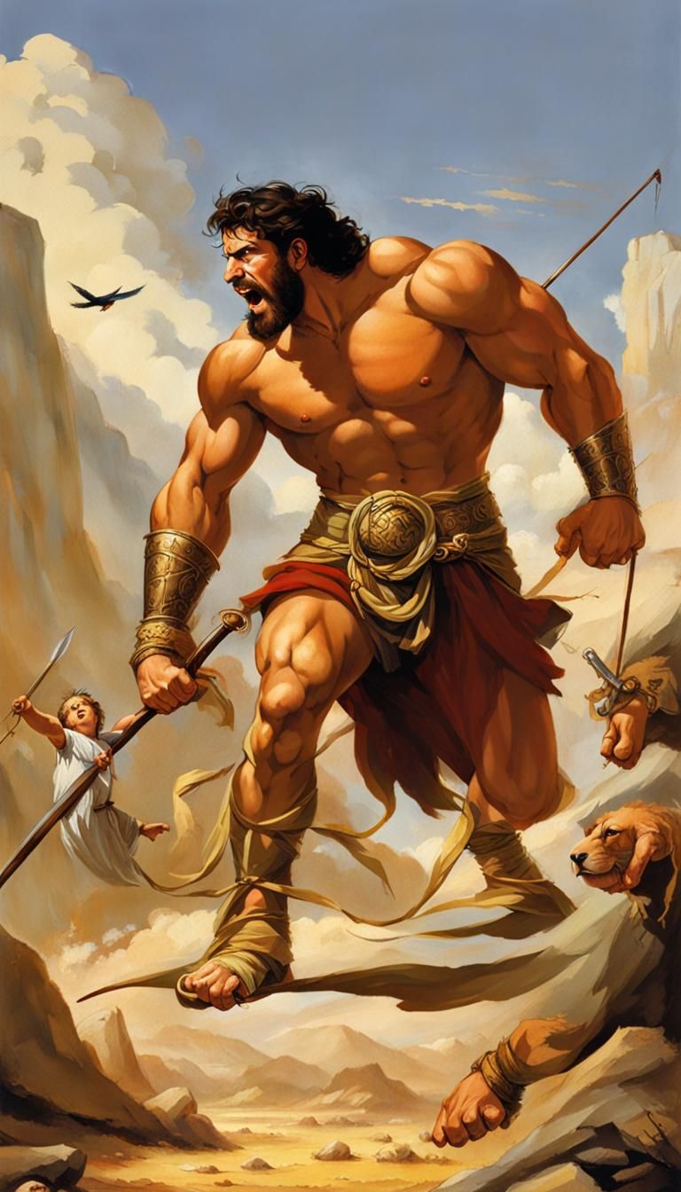 David and Goliath Battle Scene with Birds