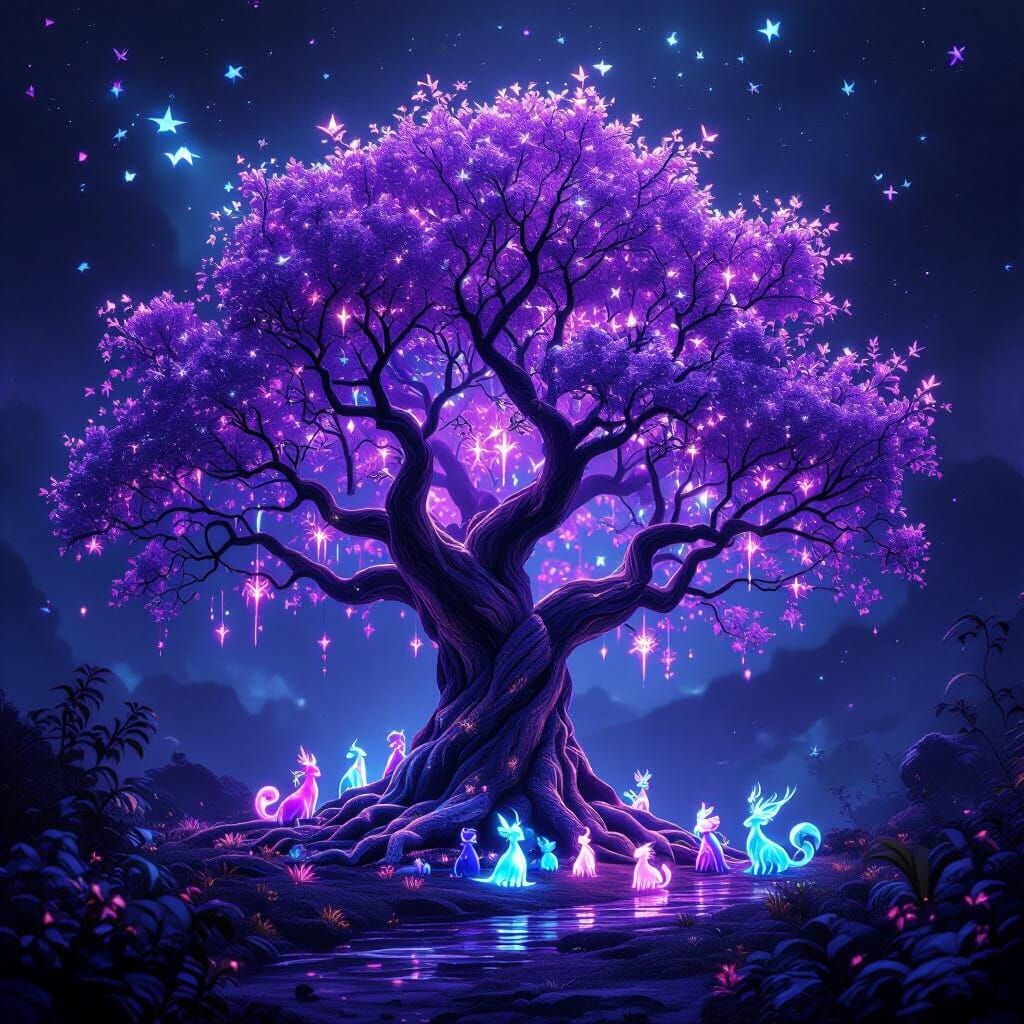 Magical Purple Tree with Luminous Creatures in Darkness