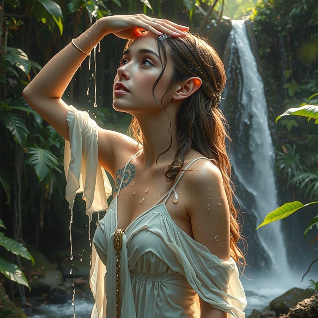 Elf Woman Washing Hair Under Waterfall: Hyperrealistic Portr...