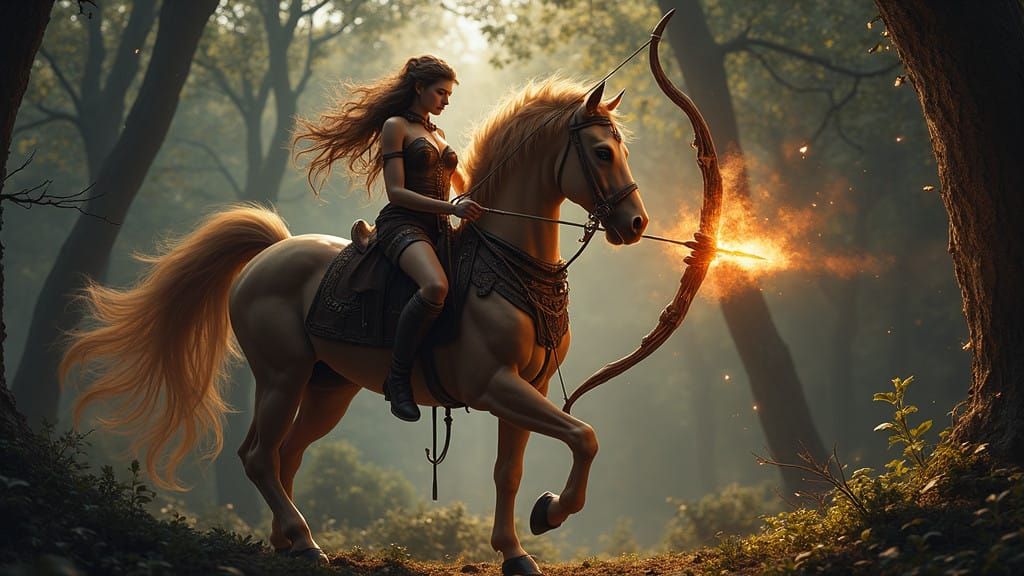 Mythical Horse Woman Draws Fiery Arrow in Dark Fantasy Fores...