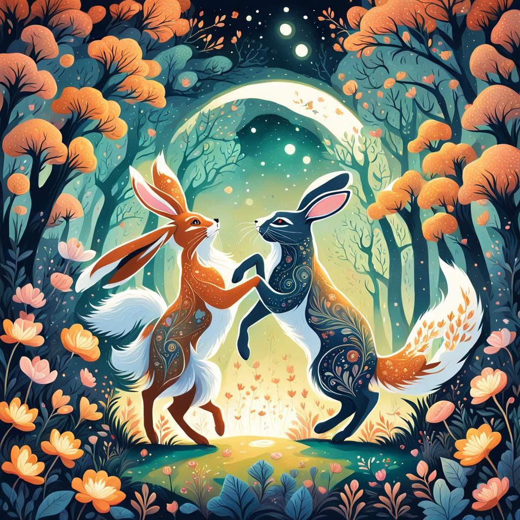 Dancing Bunny and Vixen in Moonlit Forest