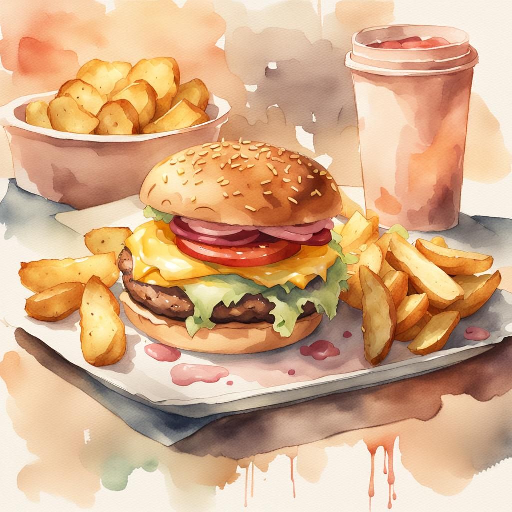 Watercolor Burger and Fries Illustration
