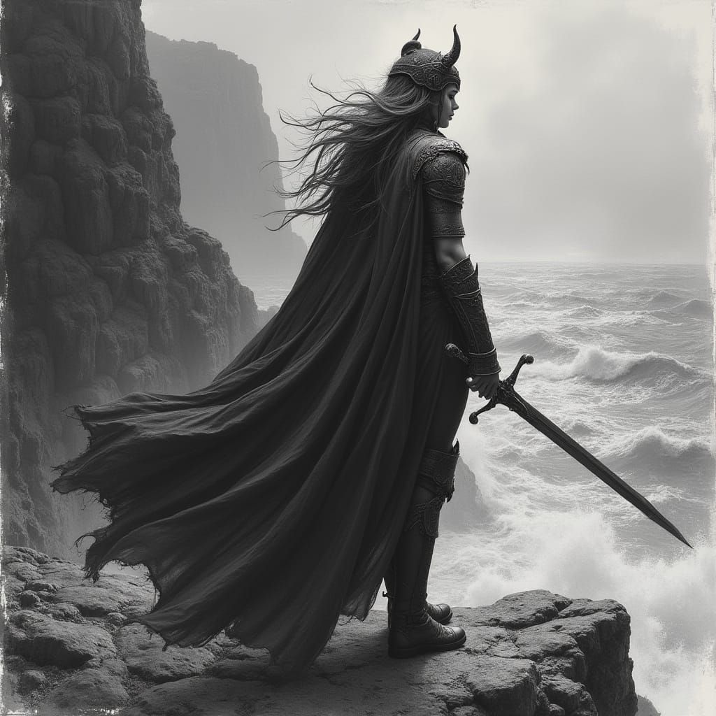 Expressive charcoal sketch. A valkyrie with flowing hair stands on a cliff overlooking a stormy sea. She wears a winged ...