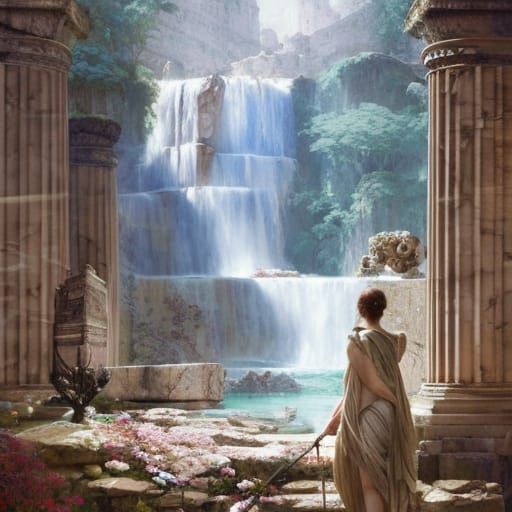 Marble Greek Sanctuary Waterfall in Watercolor Style