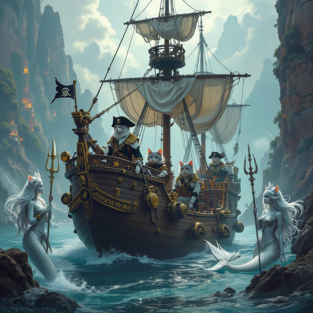 Steampunk Cats and Silver Mermaids in Fantasy Realm