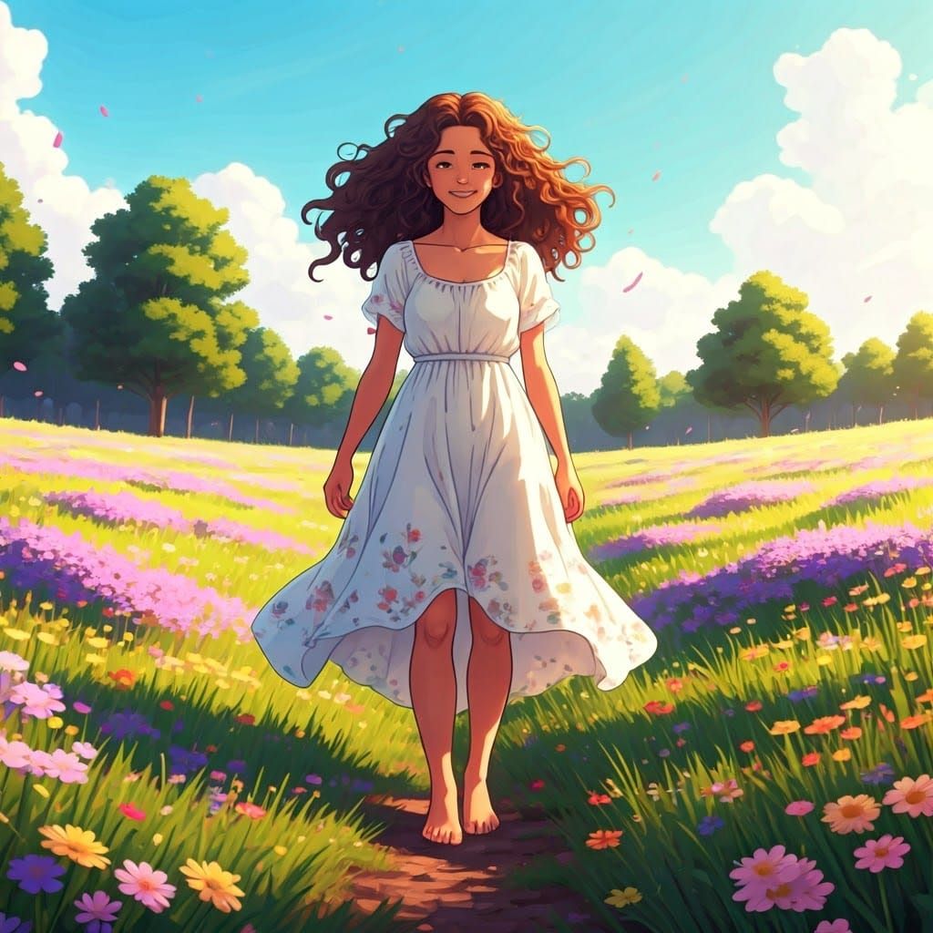 Serene Floral Goddess Walks Barefoot in Vibrant Meadow