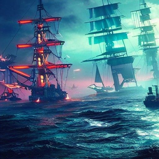 Cyberpunk Pirate Ship Cannon Ocean Scene
