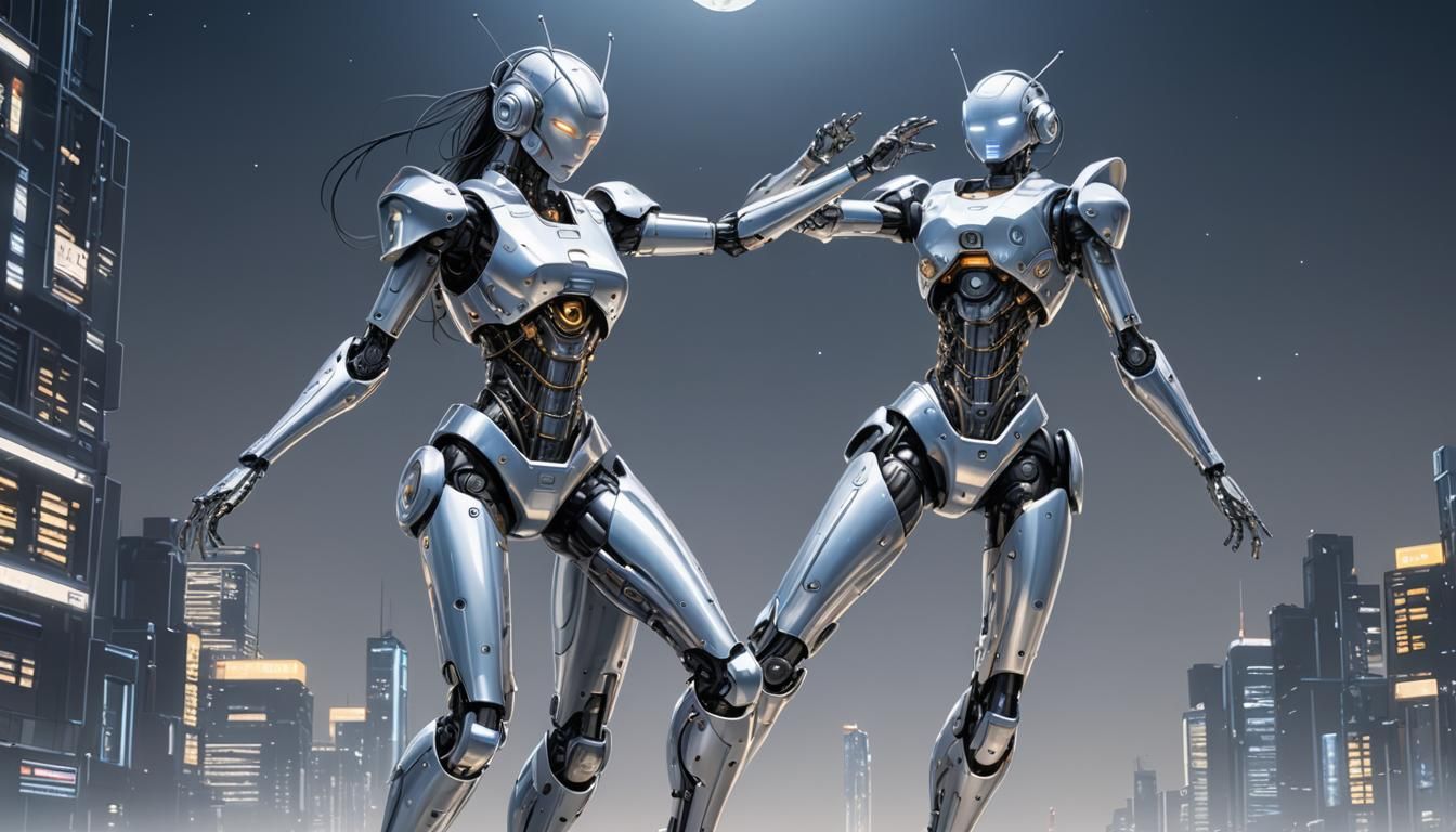 Android Robot Dances in Moonlight: Sorayama Style